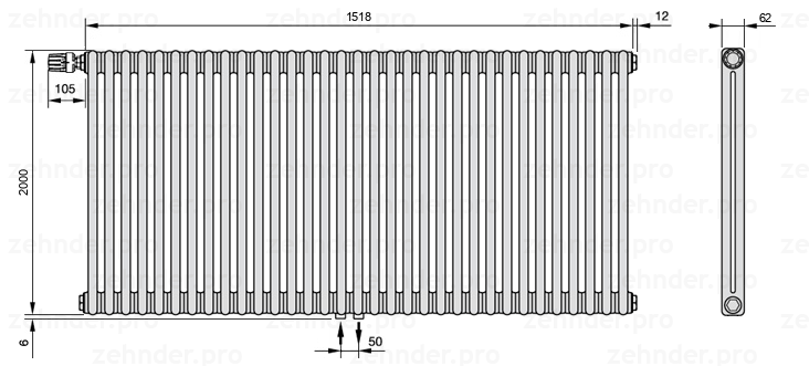 Схема (чертеж) Радиатор Zehnder Charleston 2200/33 №V007 Белый глянцевый RAL 9016